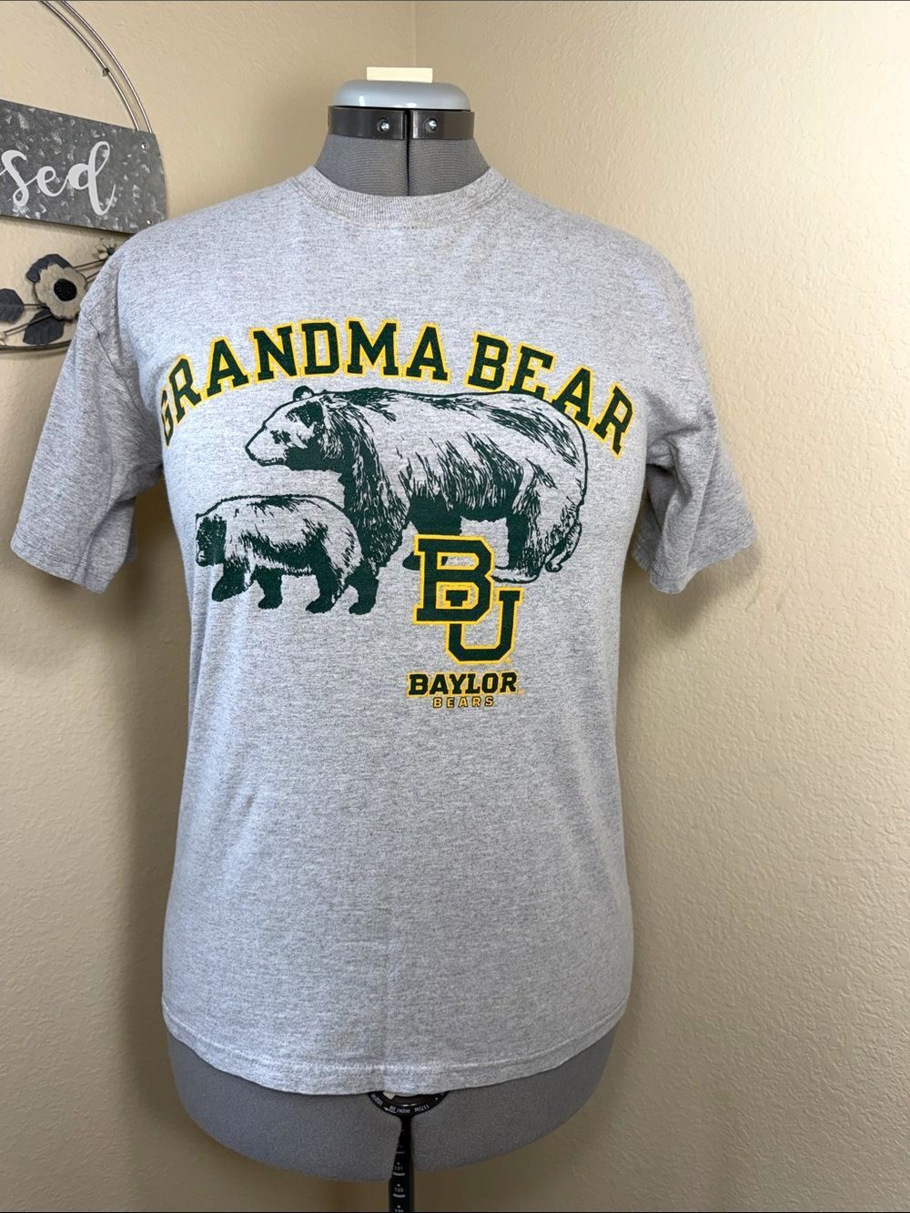 Cozy Champion Baylor "Grandma Bear" Graphic Tee - Gray with Green & Gold Print S